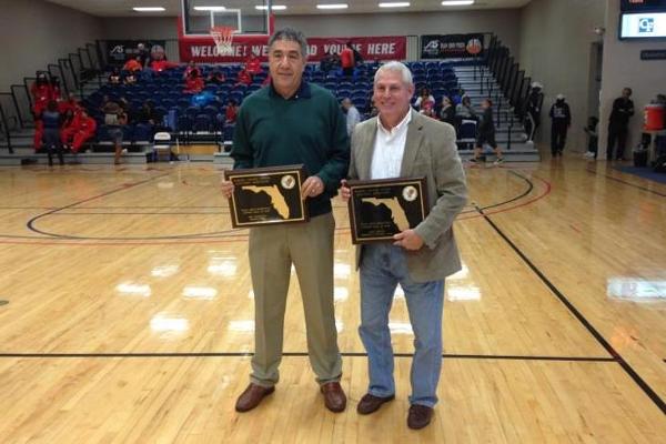 Eddie Barnes (R) was inducted into the FCSAA Men's Basketball Hall of Fame on Friday evening.